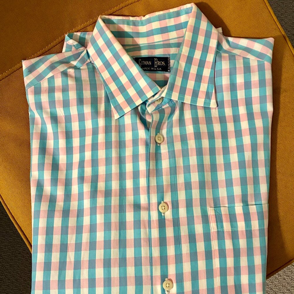 Gitman Bros Men's Blue/Pink Gingham Check Button Front Cotton Made in USA